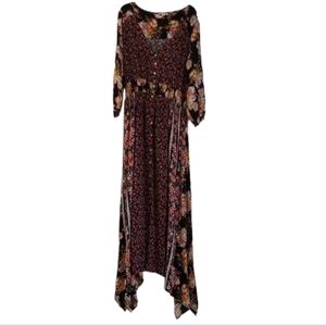 ODDY Womens Maxi Dress Sz 1XL Black Pink Floral Boho Festival Spring Flowy VNeck